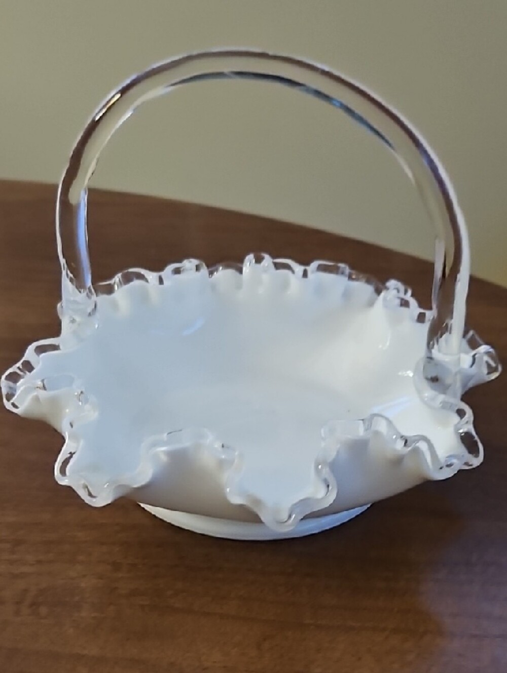 Fenton Silvercrest White Milk Glass Ruffled Edge Basket with Clear Handle